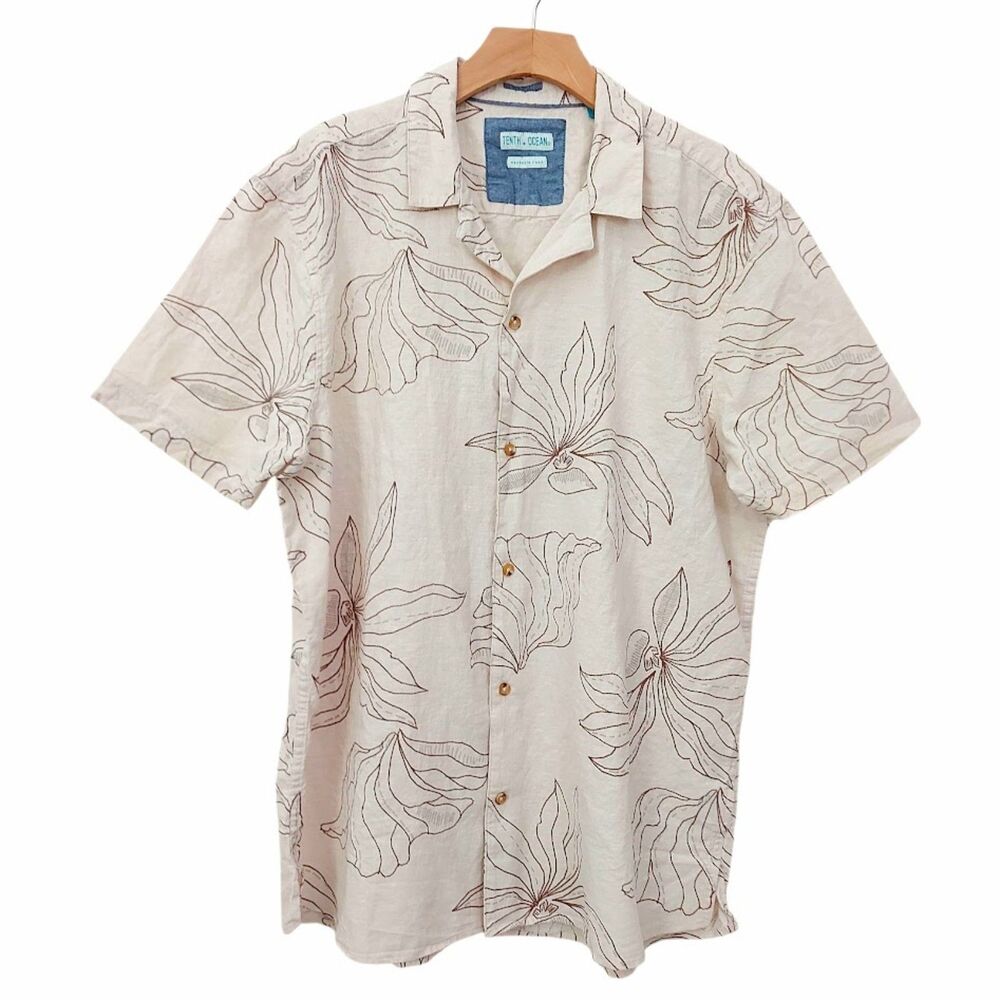 Tenth + Ocean Shirt Mens XL Beige Tropical Short Sleeve Linen Cotton Coastal
